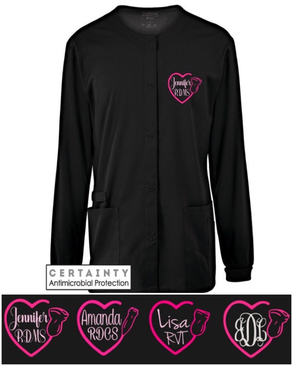 Sonographer Heart Monogram Scrub Jacket - Cherokee Unisex Snap Up