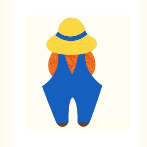 May include: A stylized figure wearing a yellow hat with a blue band, an orange patterned shirt, and solid blue overalls. The figure has brown feet at the base. The design features flat, bold colors and simple geometric shapes in a graphic illustration style.