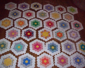 PDF 3 Patterns for Grandmother&quot;s Garden quilt, twin, full, queen joined with green hexagons,
