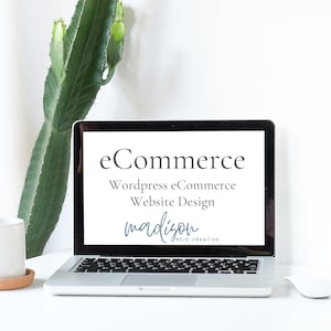 May include: A laptop displaying "eCommerce, Wordpress eCommerce Website Design, madison, REID CREATIVE" sits on a white desk. A white mug on a cork coaster and a small cactus in a white pot are also on the desk.