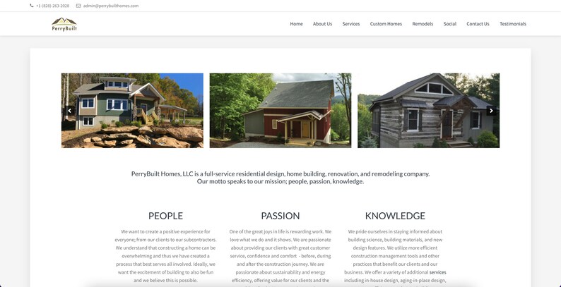K&ouml;nnte beinhalten: Website-Startseite von PerryBuilt Homes, einem Unternehmen f&uuml;r Wohndesign und -bau. Die Seite zeigt ein Logo, eine Navigation und Bilder von H&auml;usern. Der Text enth&auml;lt die Mission des Unternehmens und Beschreibungen seiner Dienstleistungen, einschlie&szlig;lich Renovierung.