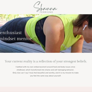 K&ouml;nnte beinhalten: Website-Homepage mit einer Frau in Sportkleidung in der Plank-Position. Text-Overlay lautet "Lifestyle enthusiast, Positive mindset mentor." Der Website-Name "Shanna Ferrigno" befindet sich oben.