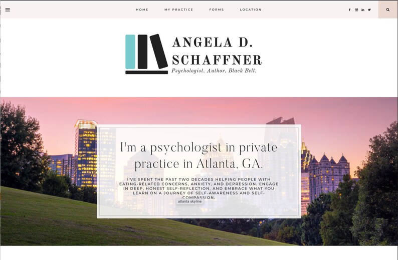 K&ouml;nnte beinhalten: Website-Homepage mit dem Namen "ANGELA D. SCHAFFNER" und dem Slogan "Psychologe. Autor. Schwarzer G&uuml;rtel." Die Seite enth&auml;lt Navigationslinks und ein Bannerbild des Atlanta-Skyline. Der Text "Ich bin Psychologe in Privatpraxis in Atlanta, GA" wird angezeigt.