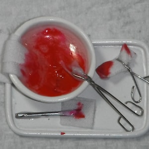 Dollhouse miniature handcrafted bloody cloth medical tray with tools 1/12th scale