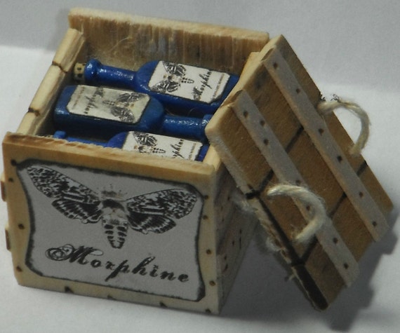 Dollhouse miniature handcrafted 1//12th scale Morphine crate filled bottles wood