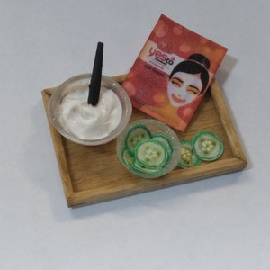 Doll miniature handcrafted SPA wooden tray mask beauty 1/12th scale Dollhouse