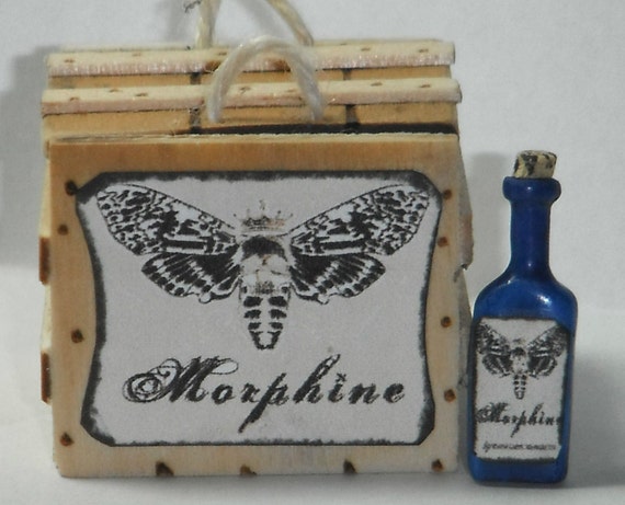 Dollhouse miniature handcrafted 1//12th scale Morphine crate filled bottles wood