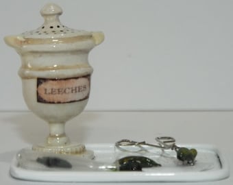 Dollhouse miniature medical jar of leeches 1/12th scale metal tray