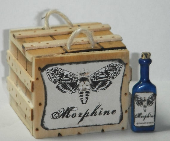 Dollhouse miniature handcrafted 1//12th scale Morphine crate filled bottles wood