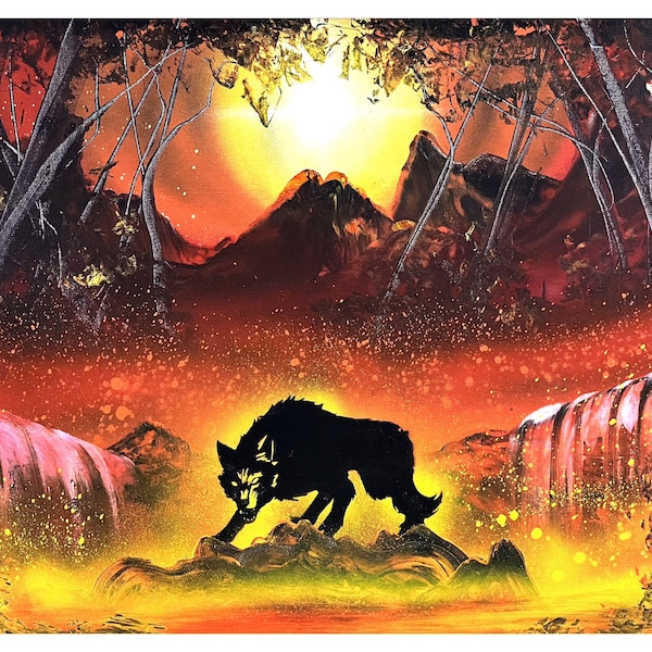 Burning Wolf - Nature Scene- Spray Paint Art on 24x36 Stretched Canvas