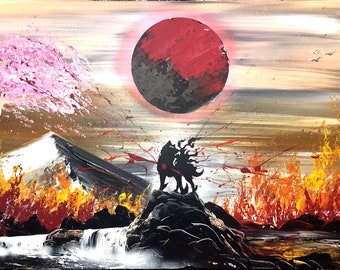 Japanese landscape - Spray Paint Art and Acrylic painting 24x36 Canvas