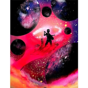 May include: A spray paint artwork depicting a silhouette of a person standing on a giant hand reaching out from a cosmic background. The background is a vibrant red, pink, and purple with scattered stars and planets.
