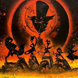 May include: A black and orange spray paint artwork depicting a group of five figures in silhouette. The figures are standing on a fiery orange and yellow background. A large, circular, red and black symbol with a silhouette of a figure wearing a top hat is in the background.