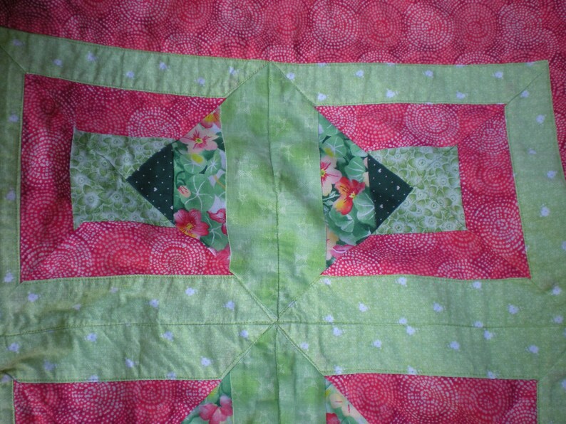 Small Baby Quilt in Greens and Orange with a Green and White Zebra Pattern Fleece Backing SHIPS FREE