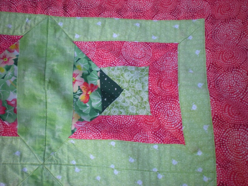Small Baby Quilt in Greens and Orange with a Green and White Zebra Pattern Fleece Backing SHIPS FREE
