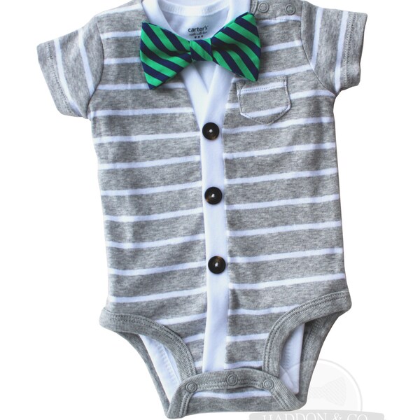 SALE : 24 Month Cardigan and Bow Tie Set - Grey with Navy/Green Stripe - Trendy Baby Boy - Perfect for Spring Shower