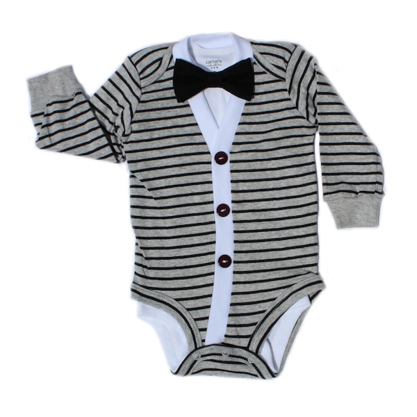 Baby Cardigan and Bow Tie Set - Trendy Baby Boy - Grey Stripes - Cardigan Onesie