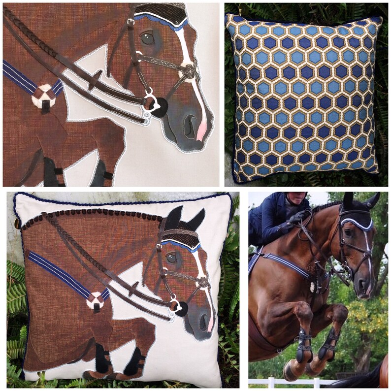 May include: A brown horse head with a blue and white bridle is printed on a white pillow with a brown border. The pillow is on a green leafy background. A second pillow with a blue and gold geometric pattern is in the background. A third image shows a brown horse jumping over a fence.