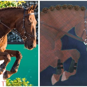 May include: A brown horse with a black bridle and black leg wraps jumps over a green obstacle. The horse's mane is braided.