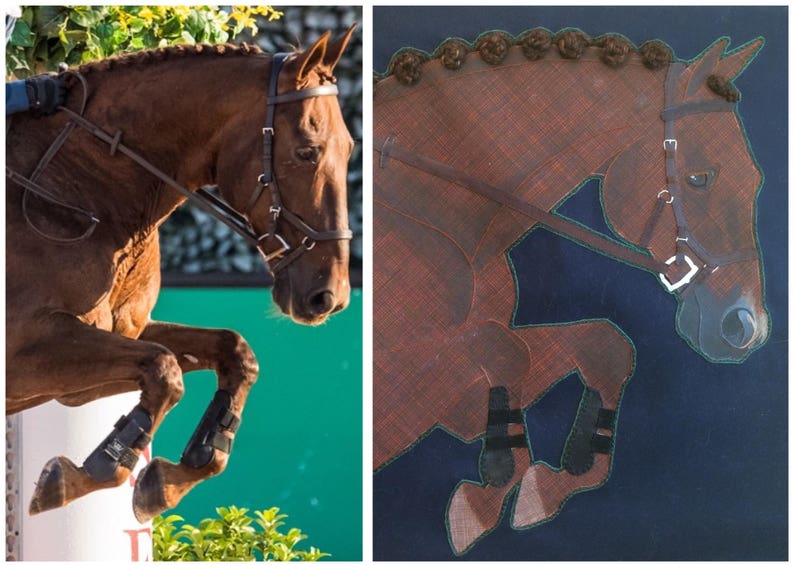 May include: A brown horse with a black bridle and black leg wraps jumps over a green obstacle. The horse's mane is braided.