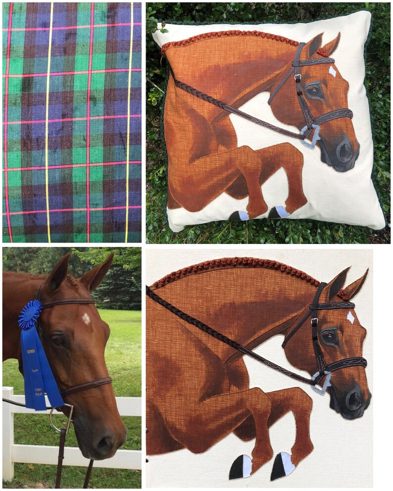 May include: A brown horse with a white star on its forehead jumps over a fence. The horse is wearing a brown leather bridle with a braided leather browband. The horse is on a white background.