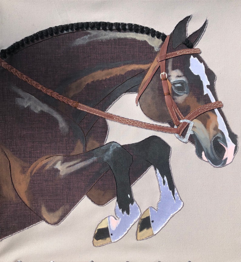 May include: A brown and white horse with a black mane and tail jumps over a fence. The horse is wearing a brown leather bridle with a silver bit.