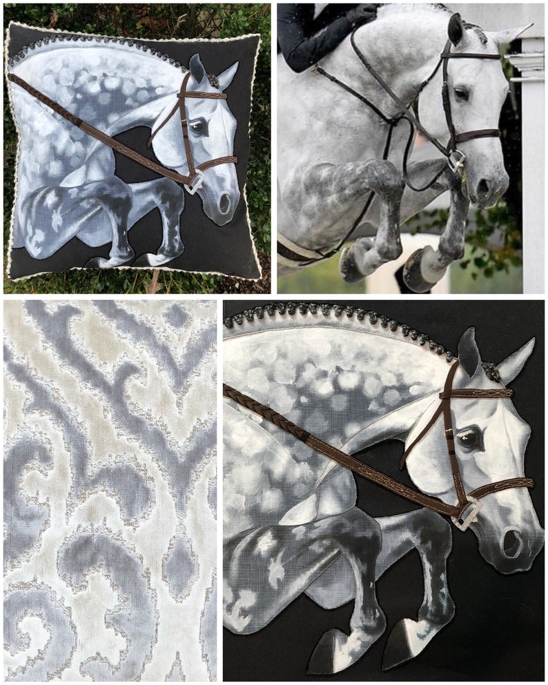 May include: A grey and white horse with a brown bridle jumps over a fence. The horse is in mid-air with its legs extended. The horse is on a black background.