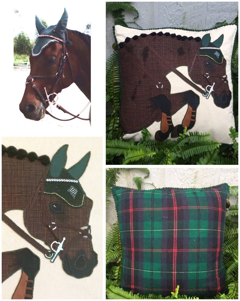 May include: Two decorative throw pillows featuring a brown horse head with a green and white bridle. One pillow has a plaid pattern in green, black, and red. The other pillow has a brown horse head on a white background.