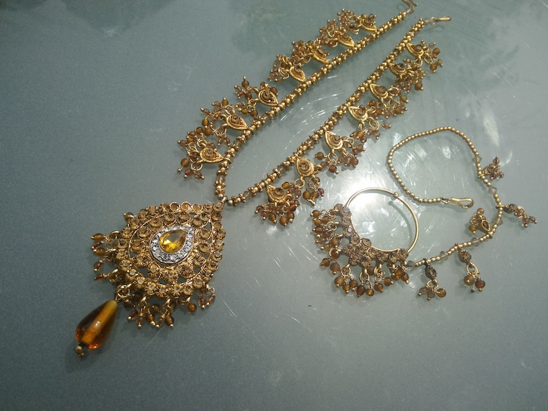 jewellery set Indian handcrafted vintage set in faux gold long statement necklace ajustable chain fastener 2226 inches sent in gift box