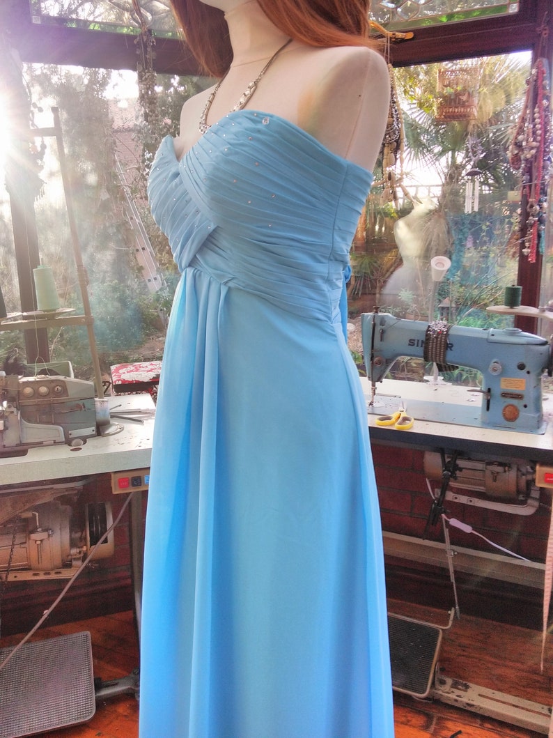 Evening dress Grecian style bodice top Ballgown Bridesmaid prom party blue chiffon over satin evening dress uk size14 usa size-10 SALE