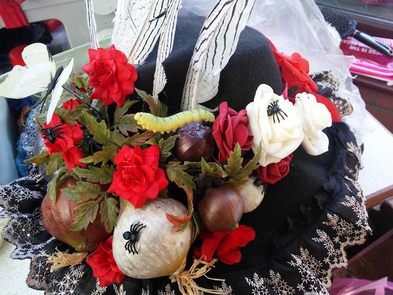 Day of the dead carnival party Halloween hat headdress handmade with flowers butterflies pearls feather ribbon and spiders free size