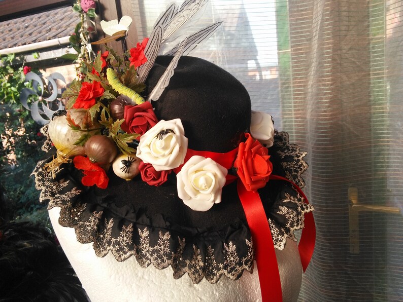 Day of the dead carnival party Halloween hat headdress handmade with flowers butterflies pearls feather ribbon and spiders free size