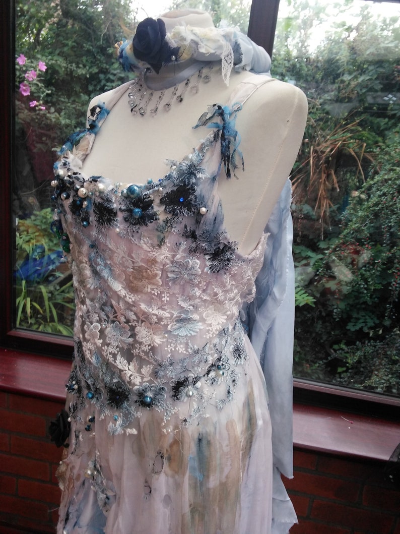 Custom made to measure Corpse Bride dress costume veil /& headdress boned ajustable lace up back corset with distressed long net skirt