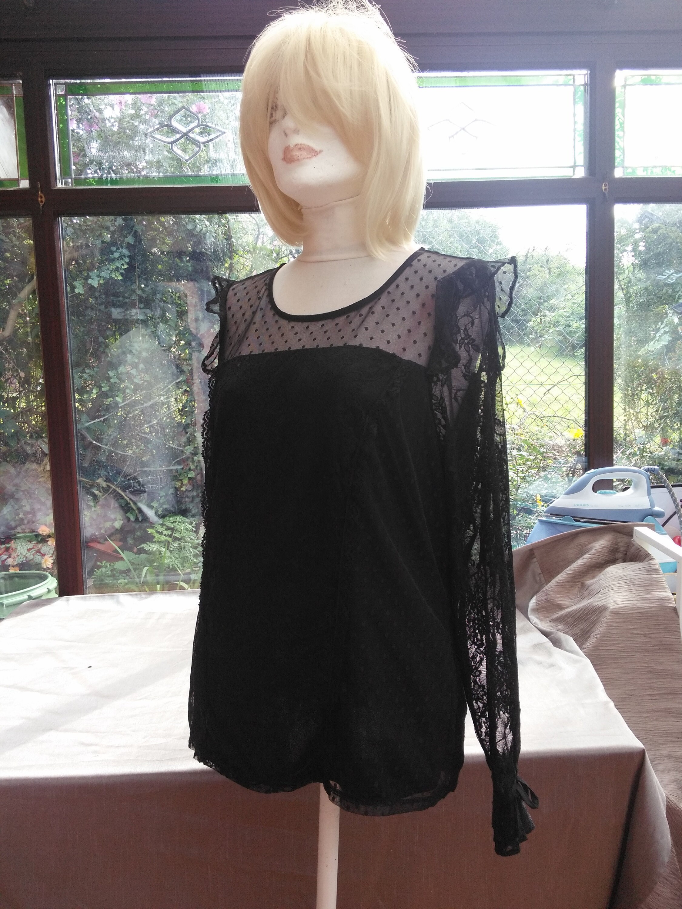 Image of All Lace Long Sleeved Black Has Frilled Shoulders Lined Lace Blouse Size Uk  & Usa  Designer Made Unworn Vintage