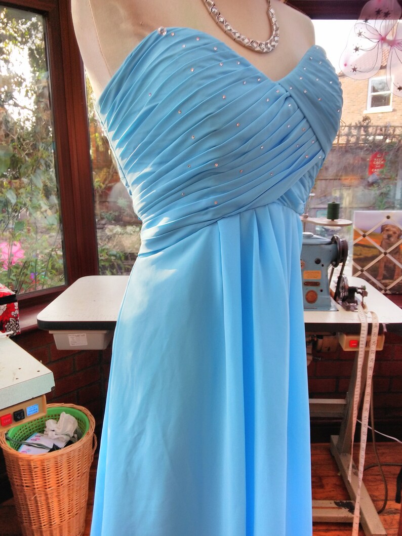 Evening dress Grecian style bodice top Ballgown Bridesmaid prom party blue chiffon over satin evening dress uk size14 usa size-10 SALE