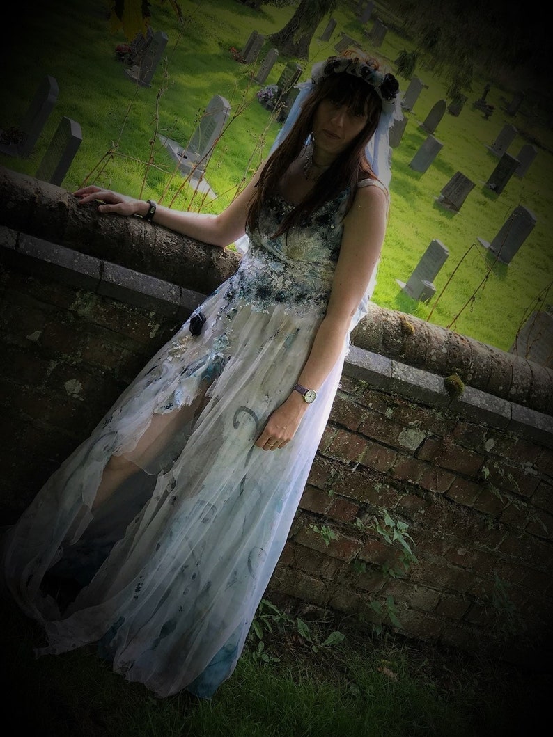 Custom made to measure Corpse Bride dress costume veil /& headdress boned ajustable lace up back corset with distressed long net skirt