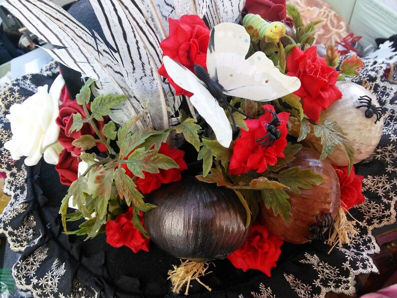 Day of the dead carnival party Halloween hat headdress handmade with flowers butterflies pearls feather ribbon and spiders free size