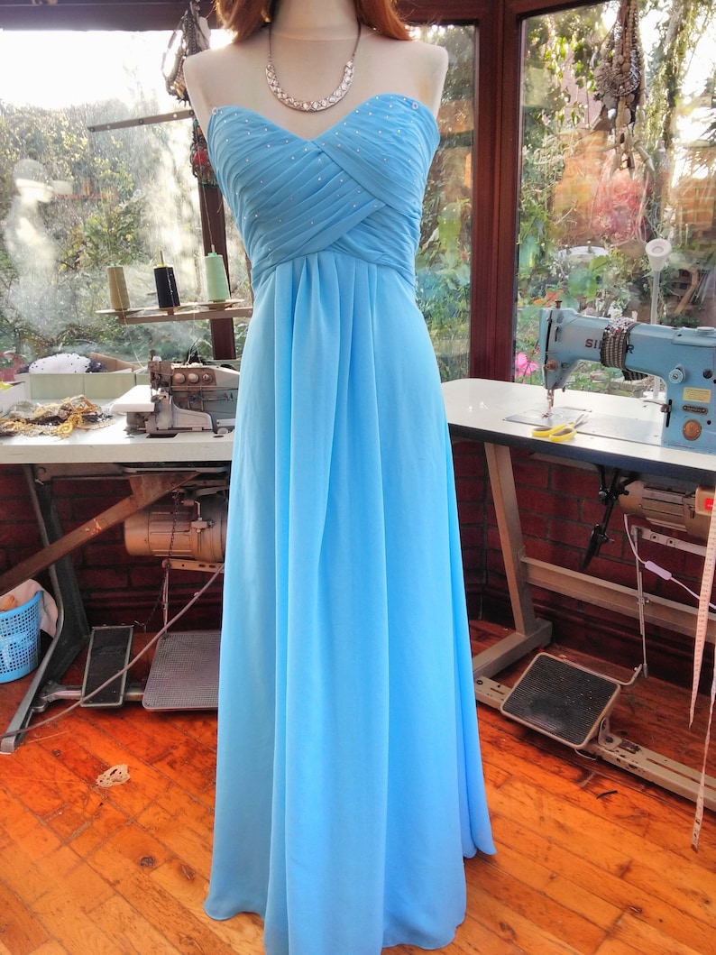 Evening dress Grecian style bodice top Ballgown Bridesmaid prom party blue chiffon over satin evening dress uk size14 usa size-10 SALE