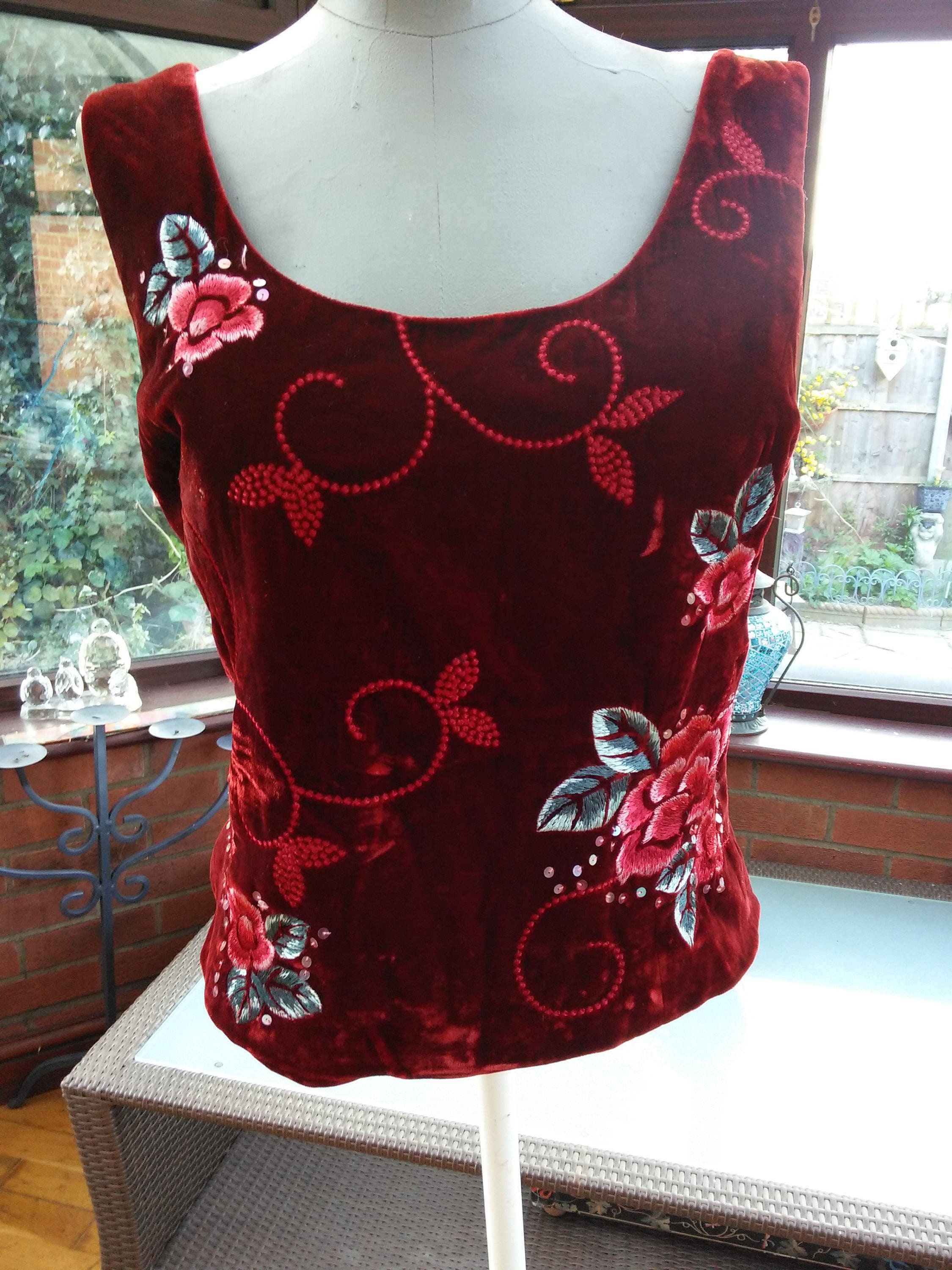 Image of All Velvet Embroidered Lined Special Occasion Top in A Crimson Red Size Uk  Usa Size "Bust Iinch & Inch Waist