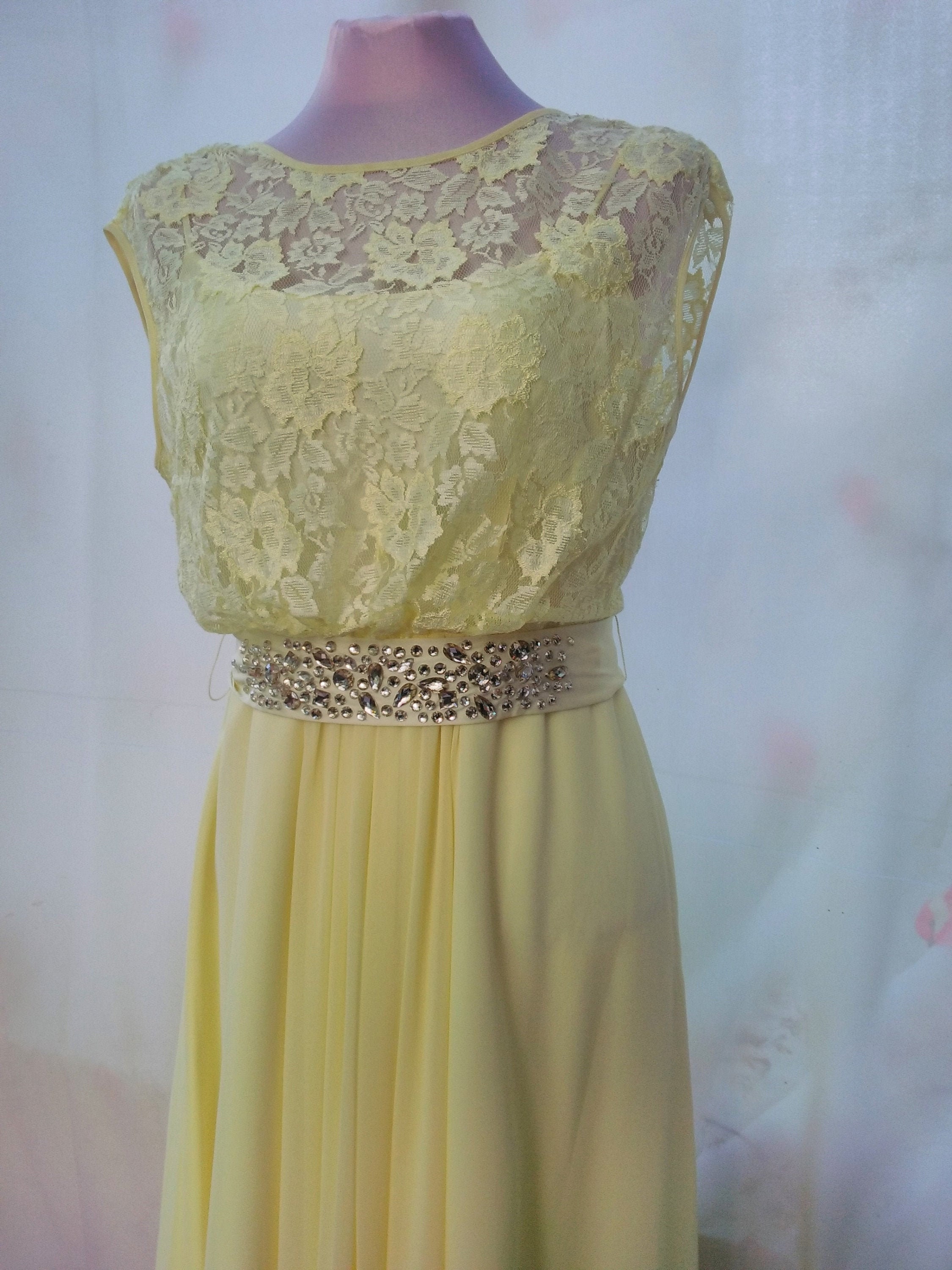 Image of Beautiful Lace Top Evening Dress With Chiffon All Lined Lemon Ballgown Bridesmaid Prom Party Uk Size  Usa