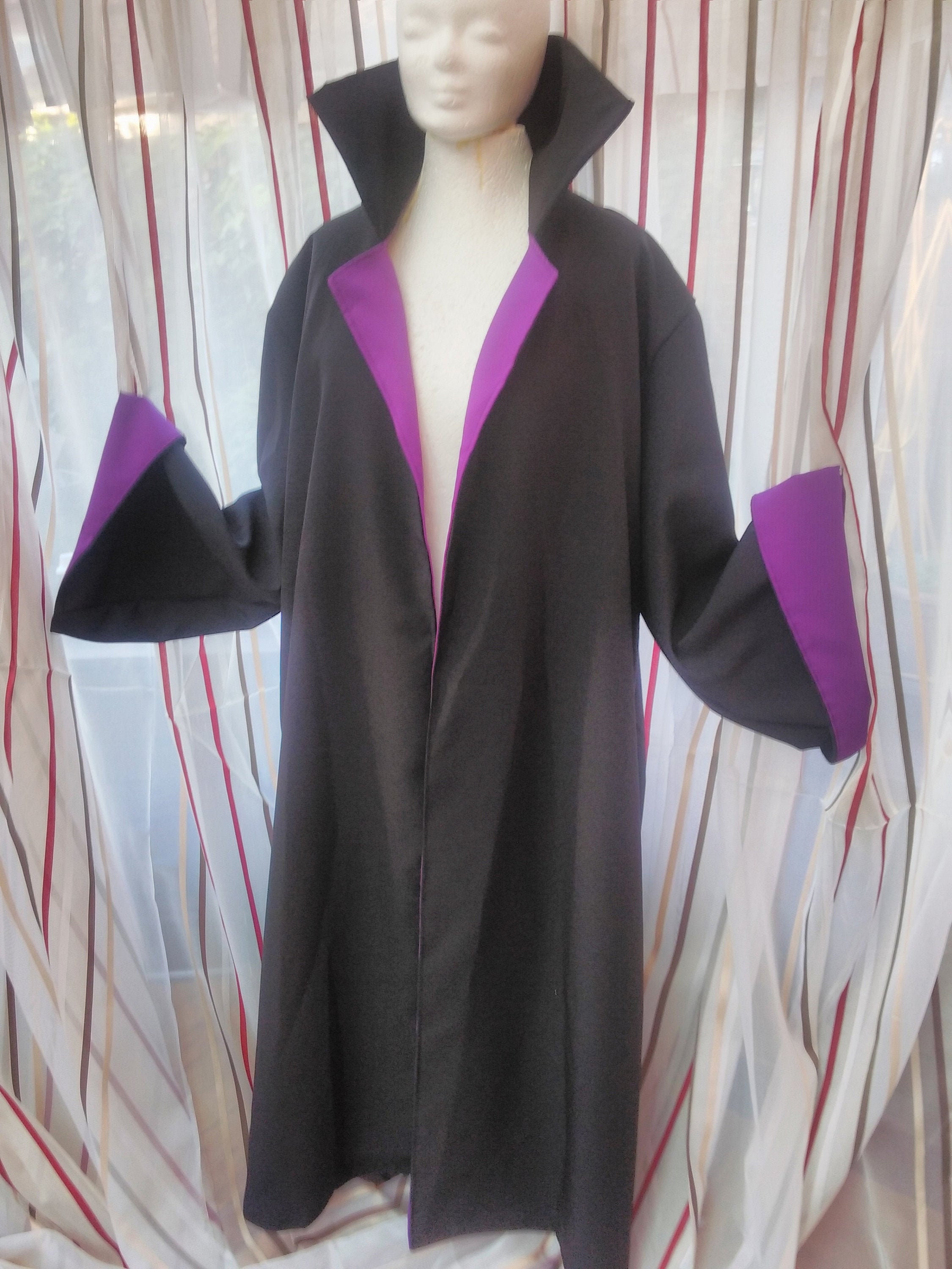 Image of Black Cloak With Wide Sleeves & High Collar Purple Front Insert Medium Size Unisex