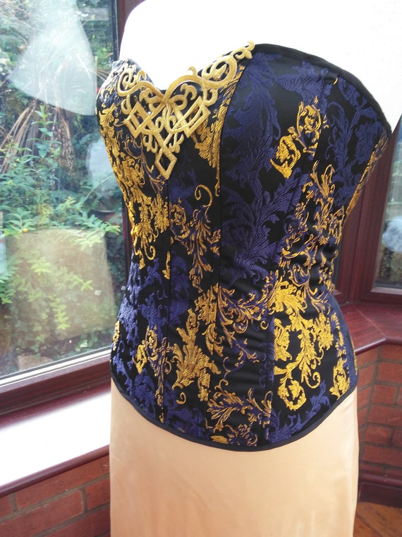 Blue and Gold boned corset with gold satin brocade only one | Etsy
