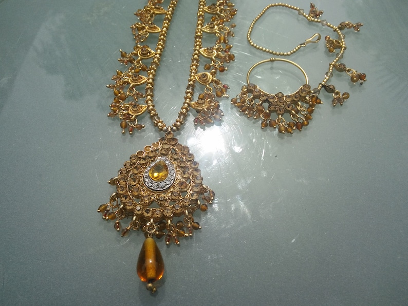 jewellery set Indian handcrafted vintage set in faux gold long statement necklace ajustable chain fastener 2226 inches sent in gift box