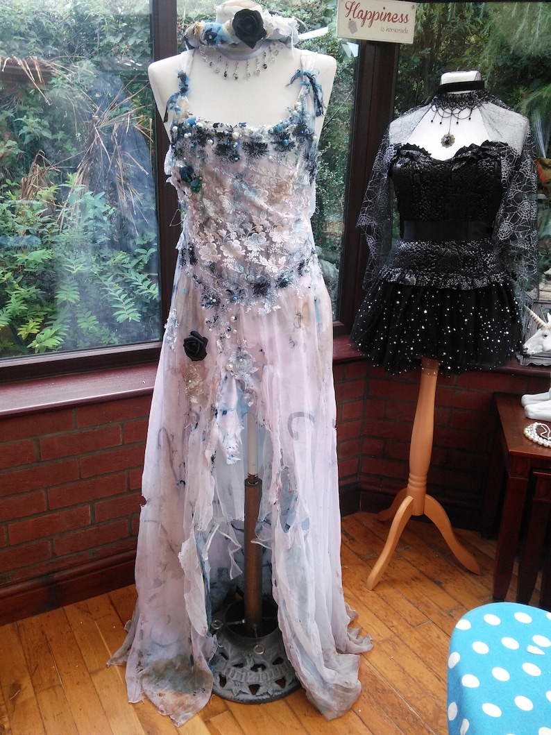 Custom made to measure Corpse Bride dress costume veil /& headdress boned ajustable lace up back corset with distressed long net skirt