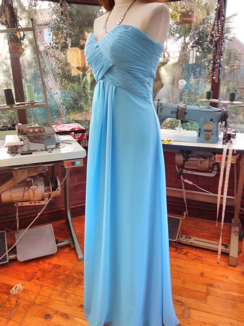 Evening dress Grecian style bodice top Ballgown Bridesmaid prom party blue chiffon over satin evening dress uk size14 usa size-10 SALE
