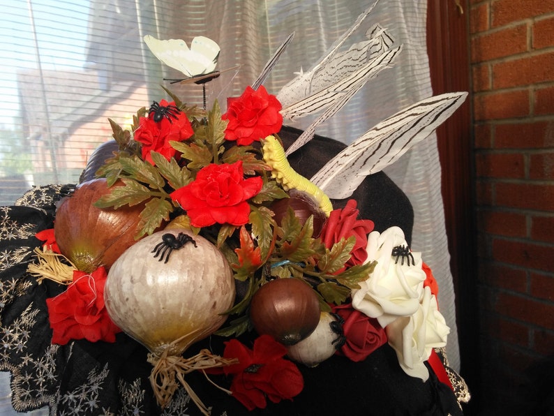Day of the dead carnival party Halloween hat headdress handmade with flowers butterflies pearls feather ribbon and spiders free size