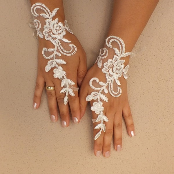 Unique ivory french lace gloves free ship wedding prom party bridesmaid bride bridal Lolita gift celebrate anniversary romantic jubilee