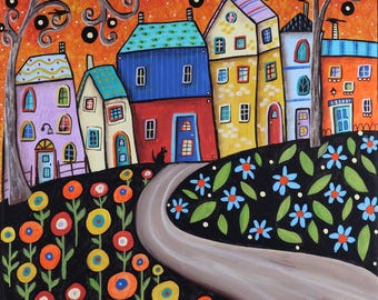 JARDINS FLEURIS 30,5 x 30,5 x 2 cm Peinture originale sur toile Art naïf Paysage Maisons Arbres Fleurs Chat Chien Fantaisiste Prêt à accrocher Karla Gerard
