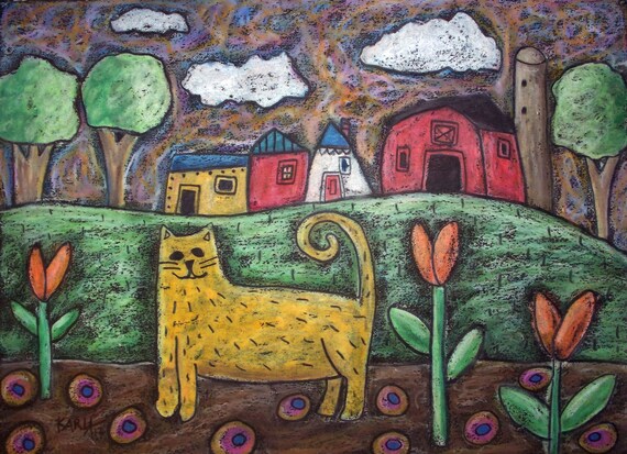 RUG HOOK CRAFT PAPER PATTERN Cat Landscape FOLK ART PRIMITIVE Karla Gerard RUG HOOK CRAFT PAPER PATTERN Cat Landscape FOLK ART PRIMITIVE Karla Gerard