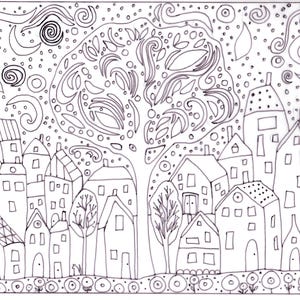 Puede incluir: Dibujo a línea en blanco y negro de una escena urbana caprichosa. La obra presenta casas estilizadas, árboles y un gran árbol en el centro, con remolinos y puntos decorativos en el cielo. Firma y fecha del artista en la esquina inferior izquierda.
